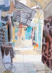 マーケットステップ、旧エルサレム、2019年（紙にw - c） 作： Lucy Willis