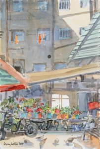 Orange Dusters Drying、マヘイン・イェフダ、エルサレム、2019年（紙にw - c） 作： Lucy Willis