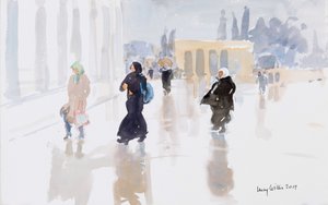 神殿の丘の巡礼者、エルサレム、2019年（紙にw - c） 作： Lucy Willis