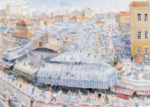 バルコニーからの眺め、マヘイン・イェフダ、エルサレム、2019年（紙にw - c） 作： Lucy Willis