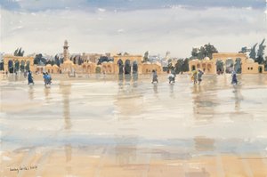神殿の丘の風と雨、エルサレム、2019年（紙にw - c） 作： Lucy Willis