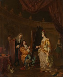 アトリエで女性の肖像画を描くアーティスト 作： Ludolf Bakhuysen