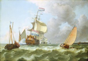 フルセイルの軍艦「ホランディア」（帆布に油彩） 作： Ludolf I Backhuysen