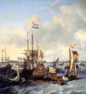 Ijからのアムステルダム港の眺め 詳細ルードルフ・バックホイゼン(1631-1708)画 1666年 日1,28×2,21メートル 作： Ludolf I Backhuysen