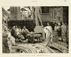ヴァージルがアエネイスを読むのを聞いているマエケナス、ロドヴィコ・ポリアギ（1857-1950）によるローマの初期の歴史のためのイラスト、フランチェスコ・ベルトリーニ（1836-1909）によるフラテッリ・トレヴェス版、ミラノ 作： Ludovico Pogliaghi