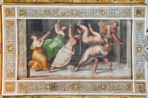 ピュリヒオスの踊り、ホール オブ ゲームの天井の詳細 (フレスコ画) 作： Ludovico Settevecchi