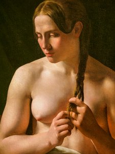 髪を編む女性、詳細