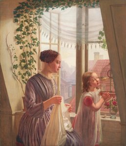 窓際の母と娘のいるインテリア、1853年 作： Ludvig August Smith