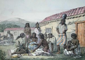 ジャン・ピエール・ノルブラン（1745-1830）が彫刻し、1822年に出版された「Voyage Pittoresque Autour du Monde」より、カリフォルニアの原住民が行ったゲーム（カラーリトグラフ）。
