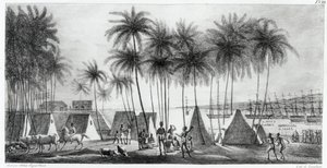 G.ラングリューム（fl.1822-40）1822によって刻まれた「世界の航海ピトレスク」からのサンドイッチ諸島のハナロウの港 作： Ludwig Choris