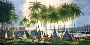 G.ラングリューム（fl.1822-40）1822によって刻まれた「世界の航海ピトレスク」からのサンドイッチ諸島のハナロウの港 作： Ludwig Choris