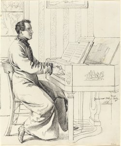 芸術家の義理の兄弟、ルートヴィヒ・ハッセンプルーフ、ピアノを弾く準備をする 作： Ludwig Emil Grimm