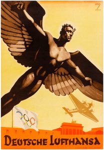 ルフトハンザドイツ航空、1936年のナチス・ドイツ・オリンピックを宣伝するドイツの航空会社のポスター（ポスター） 作： Ludwig Hohlwein
