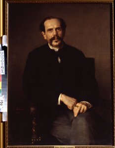 ""Portrait of a man"" 彼は黒のスーツを着て、指にはシグネット リングをはめています。 Ludwig Knaus (1829-1910) の絵画 Ivan Kramskoy (または Kramskoi) ロシアのヴォロネジ (ヴォロネジ) にある美術館。 作： Ludwig Knaus