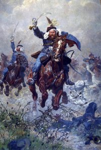 1866年、1908年のクストザの戦いにおけるマクシミリアンリッターフォンロダコウスキー大佐と第13回ウーラン（リネンに油彩）