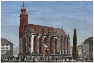 ドイツ、マルケ広場とオベリスクの前にあるヴュルツブルクの聖マリア礼拝堂。 1850年頃（彫刻） 作： Ludwig Lange