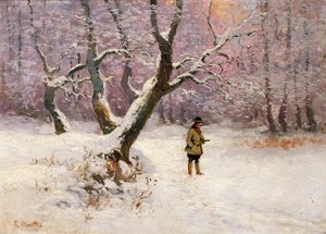 ハンターのいる冬の風景（キャンバスに油彩） 作： Ludwig Munthe