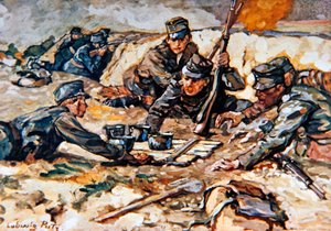 ロシアの大砲からの攻撃を受けているオーストリアの塹壕に食料を運ぶ 作： Ludwig Putz