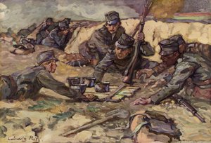 塹壕での戦闘中の野外炊事場からの軽食 (色リソ) 作： Ludwig Putz