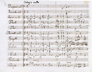 ドイツの作曲家ルートヴィヒ・ヴァン・ベートーヴェン（1770-1827）の交響曲第1番ハ長調の楽譜ページ（1799-1800）ミラノのBiblioteca del Conservatorio 作： Ludwig van Beethoven