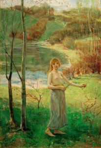 花を摘む若い女性 作： Ludwig von Hofmann