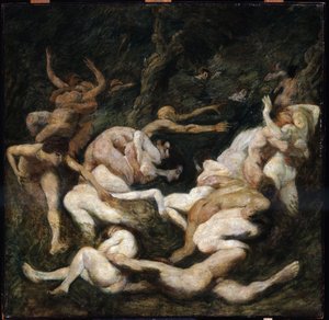 女性の誘拐。 ルートヴィヒ・フォン・ホフマン (1861-1945) の絵画。 キャンバスに油彩。 太陽: 70.8x72cm。 プーシキン、モスクワ 女性の誘拐 作： Ludwig von Hofmann