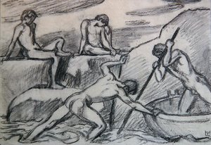 緑の岸辺の裸の船頭と若者たち（紙に黒鉛） 作： Ludwig von Hofmann