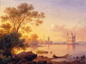 ペテルゴフ (サンクトペテルブルク) のピンクのパビリオン (Ozerki) のビュー。 Luigi Premazzi (1814-1891) の作品、紙に水彩。 19世紀イタリアの芸術、アカデミズム。 国立野外博物館ペテルゴフ、サンクトペテルブルク。 作： Luigi Premazzi