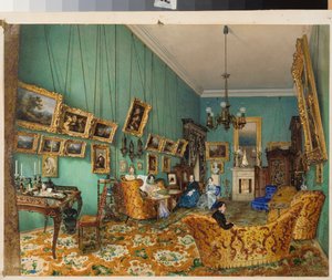 リビング ルームのインテリア。 （19世紀のロシアの装飾と家具の説明）。 ルイージ・プレマッツィ (1814-1891) の作品、紙に水彩 作： Luigi Premazzi