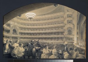 サンクトペテルブルクのボルチョイ カンメニ帝国劇場の講堂。 Luigi Premazzi (1814-1891) によるアートワーク、1850 年頃の紙に水彩と白。 イタリアの芸術 作： Luigi Premazzi