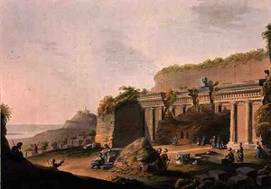 ロバート・ボウヤー（1758-1834）が出版した『オスマン帝国の景観』から、ロードス島のリンド近郊の岩に切られた石窟、1803年（カラー・アクアチント）。 作： Luigi (after) Mayer