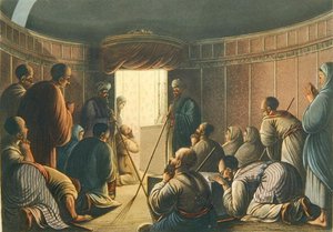 聖墳墓礼拝堂の入口（『パレスチナの風景』より）1804年ロンドン印刷（カラーリトグラフ版 作： Luigi (after) Mayer
