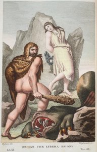 ヘラクレスはHesioneまたはErcole che Libera Enione、Book XI、Ovid&39;s Metamorphoses、フィレンツェ、1832年のイラストを保存します（手彩色の彫刻） 作： Luigi Ademollo
