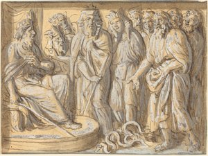 杖を蛇に変えたモーセとアロンがファラオの前にいる 作： Luigi Ademollo
