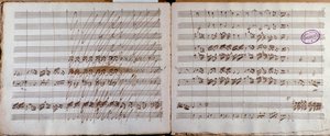 ルイジ・ボッケリーニのチェロと管弦楽のための協奏曲変ホ長調のスコアの作者によって署名された見開きページ 作： Luigi Boccherini