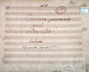 ルイジ・ボッケリーニのチェロと管弦楽のための協奏曲 変ホ長調のスコアの作者が署名した最初のページ 作： Luigi Boccherini