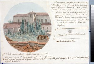 フィレンツェ近郊のサン・サルバトーレ・アル・モンテ教会を望遠鏡で撮影したもの（Drawing and Watercolour, ca 1833 作： Luigi Garibbo