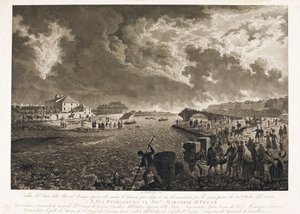 1822年10月26日のビサーニョ川の洪水後のジェノバのピラ橋の様子（エッチング、1822年頃）。 作： Luigi Garibbo