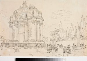 フィレンツェ、ポルタ・サン・ガッロの凱旋門の眺め（デッサン、1825年頃 作： Luigi Garibbo