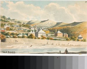 ジェノバ近くのサンタ・マルゲリータ教会の鐘楼のあるマラッシの丘の眺め（水彩画、1825年頃 作： Luigi Garibbo