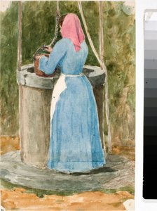井戸から水を汲む民衆の女（水彩画 作： Luigi Garibbo