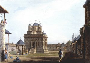 ルイジ・マイヤーがロンドンで撮影した原画をもとにした「オスマン帝国、ヨーロッパ、アジア、地中海の島々における景観」に掲載されている、トルコの聖マリア教会と修道院。 作： Luigi Mayer