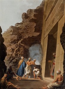 ギザのスフィンクスの埋葬室への入り口、ルイジ・メイヤー（1755-1803年頃）のエングレーヴィング（『エジプト、パレスチナおよびオスマン帝国のその他の地域における景観』より 作： Luigi Mayer