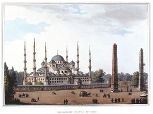 イスタンブールのスルタン・アーメド（1609-1616）のモスク。ロンドンのルイジ・マイヤーが撮影した原画をもとにした「Views in the Ottoman Dominions, in Europe, in Asia, and some of the Mediterranean islands」に収録されている。 作： Luigi Mayer