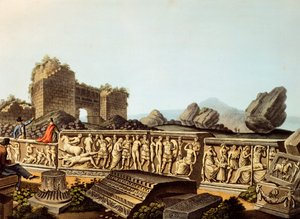 トルコ、エフェソス、大理石のレリーフを見るヨーロッパ人観光客、ルイジ・マイヤー作、エングレーヴィング 作： Luigi Mayer