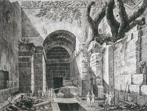 アルバーノ湖畔のカステル・ガンドルフォのローマ時代の遺跡、1824-26年に出版された「Le Antichita dei Contorni di Roma」より（銅版画）