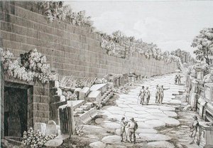 1825年に最初の発掘が行われたトゥスクロへのローマ道（1824-26年に出版された「Le Antichita dei contorni di Roma」より）（銅版画