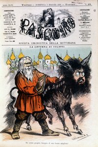 トルストイがローマ教皇庁に送った手紙について、Luigi Sapelli Caramba（1865～1936）が描いたトルストイに関する漫画。1901年05月05日のパスキーノの表紙。 作： Luigi Sapelli Caramba