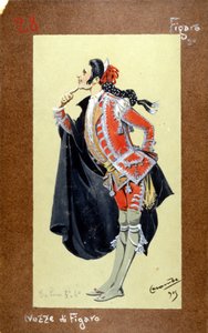 ヴォルフガング・アマデウス・モーツァルトの「フィガロの結婚」（Nozze di Figaro）のフィガロのキャラクターを表現したもの。ルイジ・サペッリ・カランバ（1865-1936）による衣装 作： Luigi Sapelli Caramba