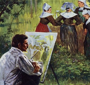 セザンヌに触発され、色彩豊かなブルトンの風景画を描く（カラーリトグラフ） 作： ルイス・アルカス・ブラウナー